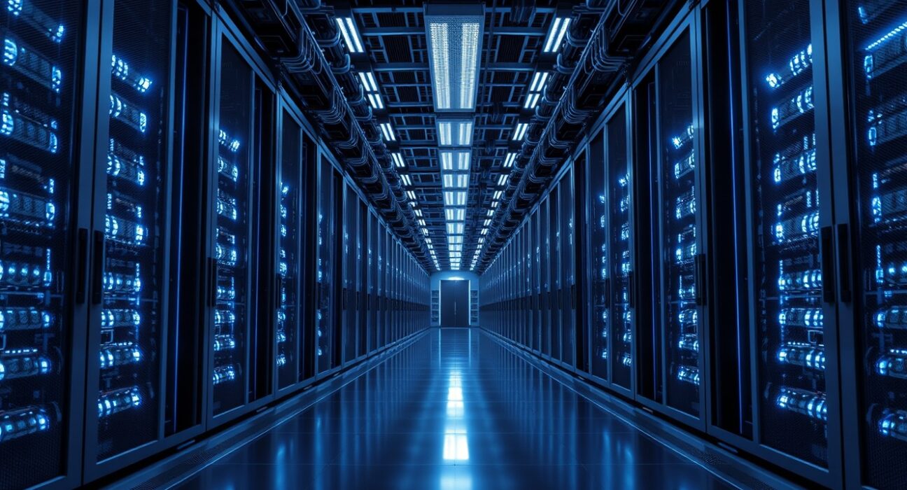 Interior of a large AI data center with rows of servers and blue lighting