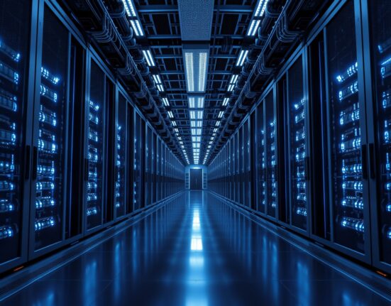 Interior of a large AI data center with rows of servers and blue lighting