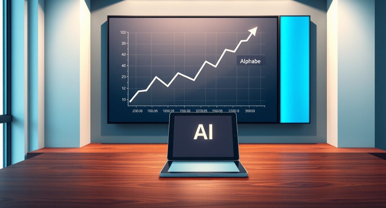 Alphabet Q2 earnings report showing a rising stock chart with an AI icon on a tablet in a modern office.
