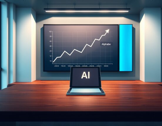 Alphabet Q2 earnings report showing a rising stock chart with an AI icon on a tablet in a modern office.