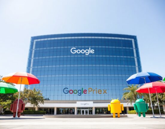 Google headquarters campus on a sunny day with colorful umbrellas in foreground