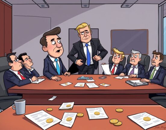 Cartoon showing an executive representing the ALT5 Sigma CEO being dismissed from a chaotic boardroom, symbolizing corporate upheaval.