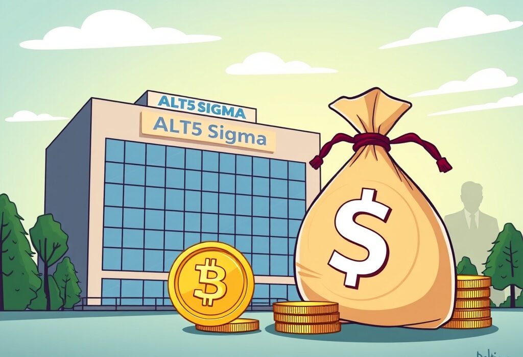 Cartoon showing significant ALT5 Sigma funding and a stake in a Trump-linked DeFi project, highlighting a major cryptocurrency investment.