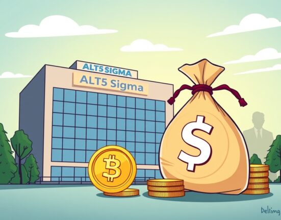 Cartoon showing significant ALT5 Sigma funding and a stake in a Trump-linked DeFi project, highlighting a major cryptocurrency investment.
