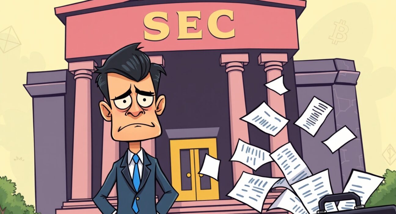 Cartoon illustration of ALT5 Sigma facing SEC disclosure scrutiny in a vibrant corporate setting.