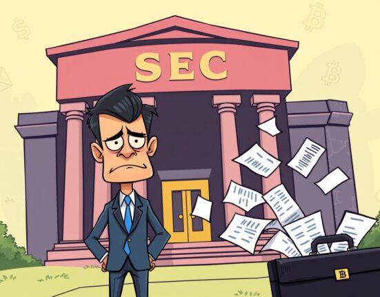 Cartoon illustration of ALT5 Sigma facing SEC disclosure scrutiny in a vibrant corporate setting.