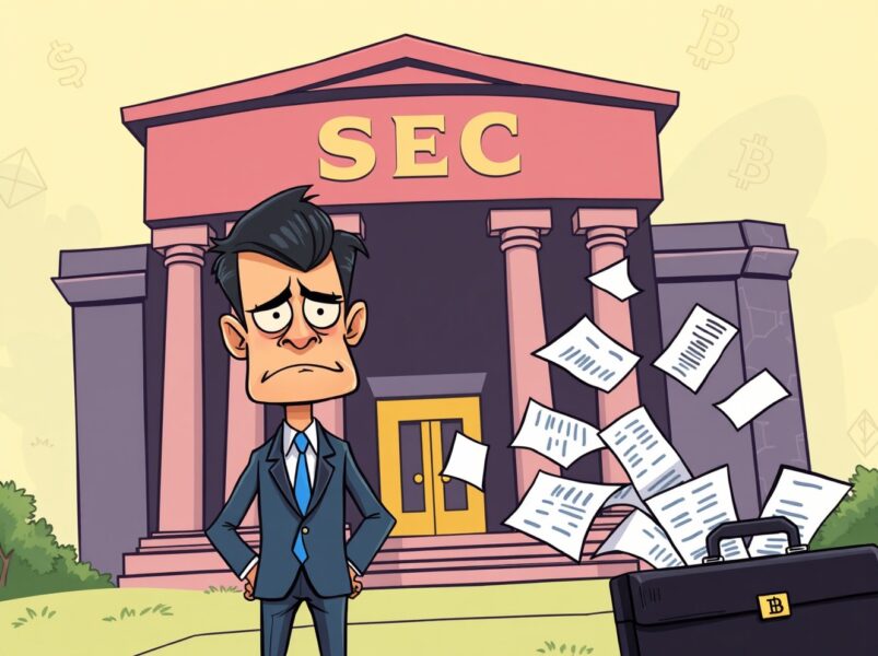 Cartoon illustration of ALT5 Sigma facing SEC disclosure scrutiny in a vibrant corporate setting.