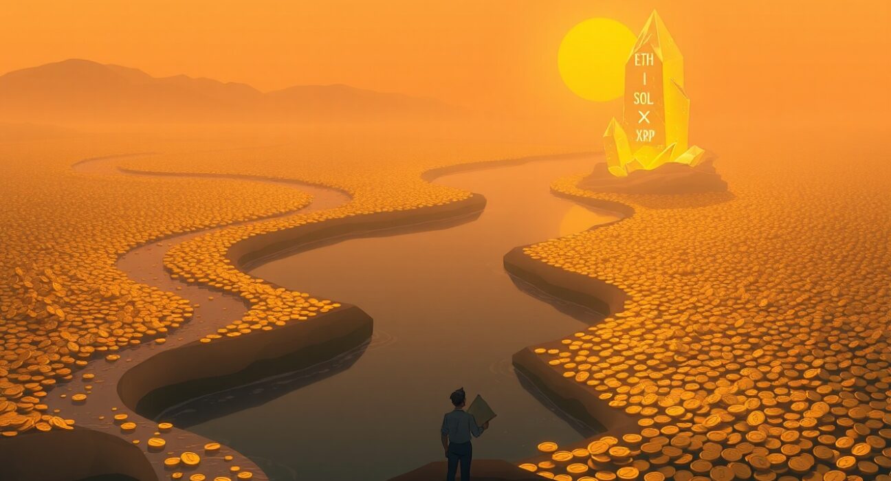 Conceptual illustration of capital concentration hindering a major altcoin bull run in 2026.