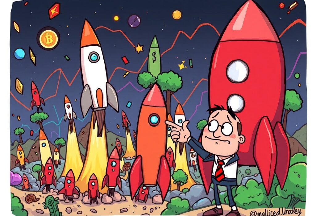 A cartoon analyst points to many struggling altcoin ETPs, symbolizing market predictions of widespread failure for niche crypto products.