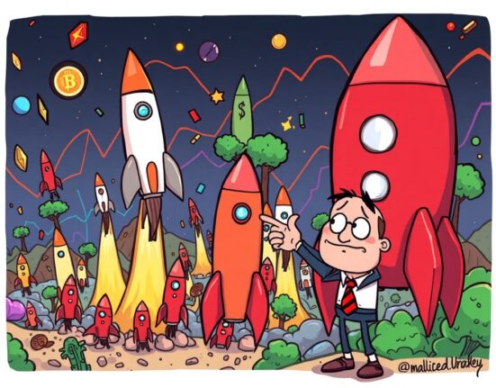 A cartoon analyst points to many struggling altcoin ETPs, symbolizing market predictions of widespread failure for niche crypto products.