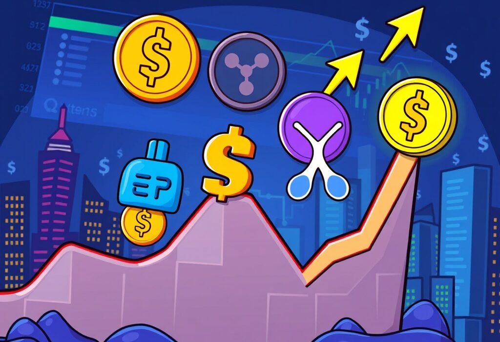 A vibrant cartoon depicting altcoin futures OI rising, symbolizing renewed investor confidence in Ethereum, Solana, and XRP markets.