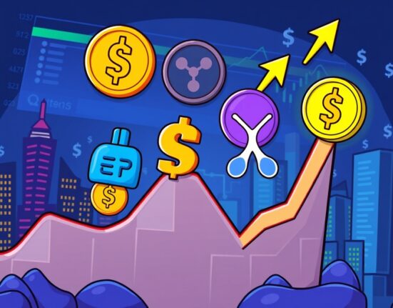 A vibrant cartoon depicting altcoin futures OI rising, symbolizing renewed investor confidence in Ethereum, Solana, and XRP markets.