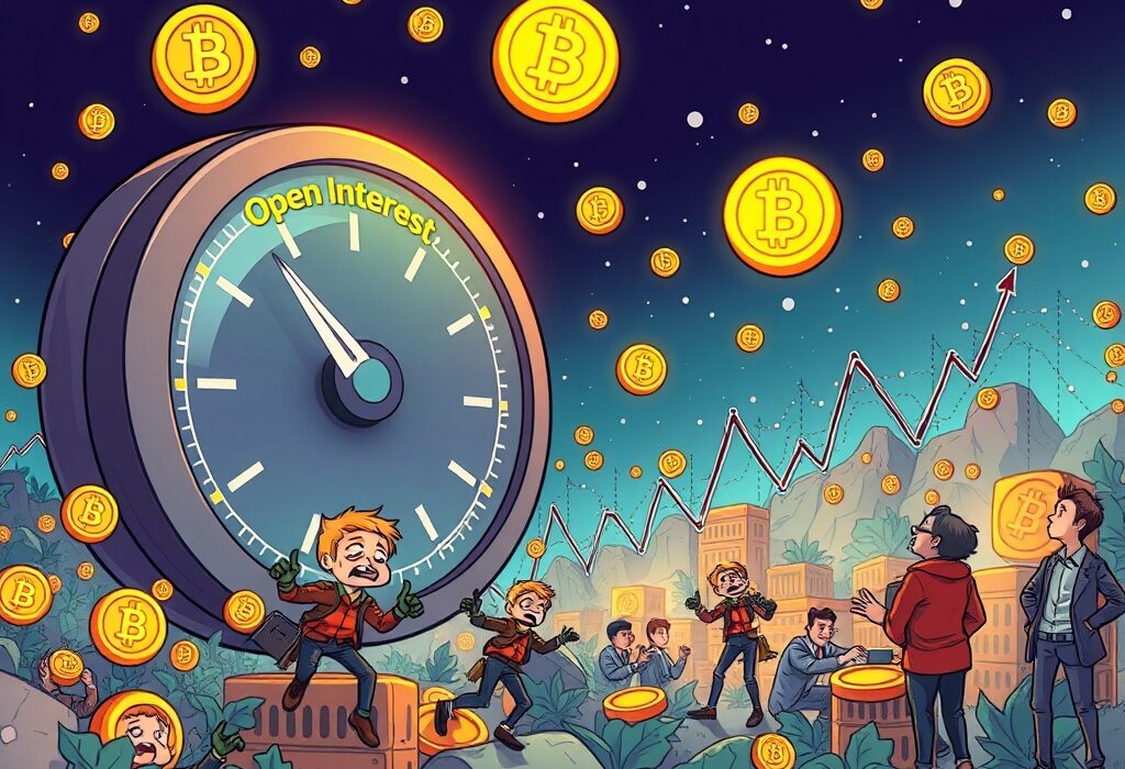 A cartoon illustration showing a meter for altcoin futures open interest skyrocketing, representing the unprecedented market leverage and volatility.