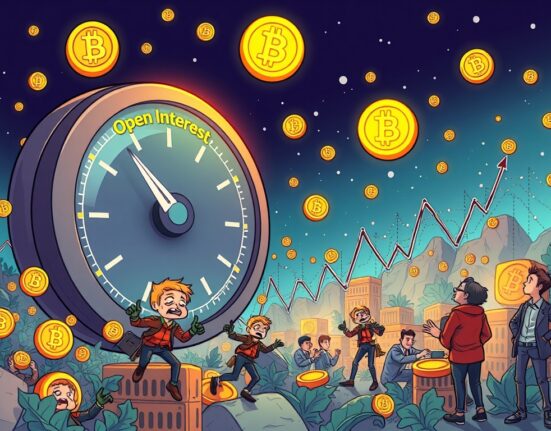 A cartoon illustration showing a meter for altcoin futures open interest skyrocketing, representing the unprecedented market leverage and volatility.