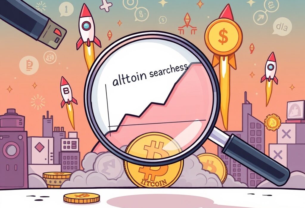Cartoon illustration showing a surge in altcoin interest, with search trends climbing and various altcoins gaining momentum in the crypto market.