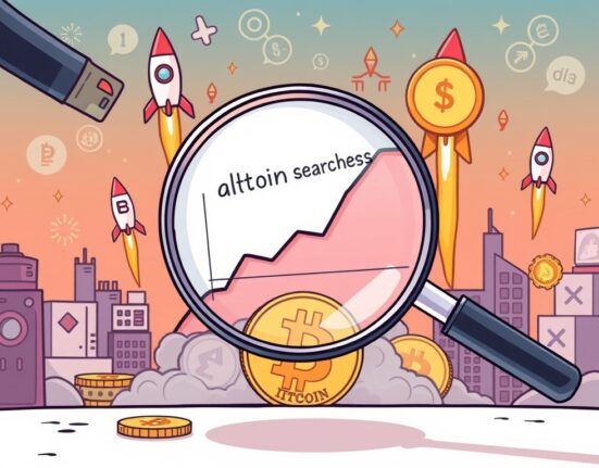 Cartoon illustration showing a surge in altcoin interest, with search trends climbing and various altcoins gaining momentum in the crypto market.