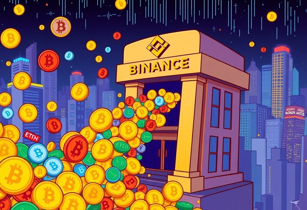Cartoon illustration showing a surge of digital altcoin inflows entering a Binance exchange building, signaling heightened market activity.