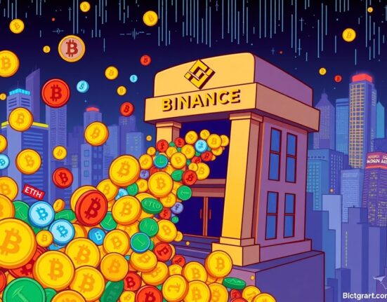 Cartoon illustration showing a surge of digital altcoin inflows entering a Binance exchange building, signaling heightened market activity.