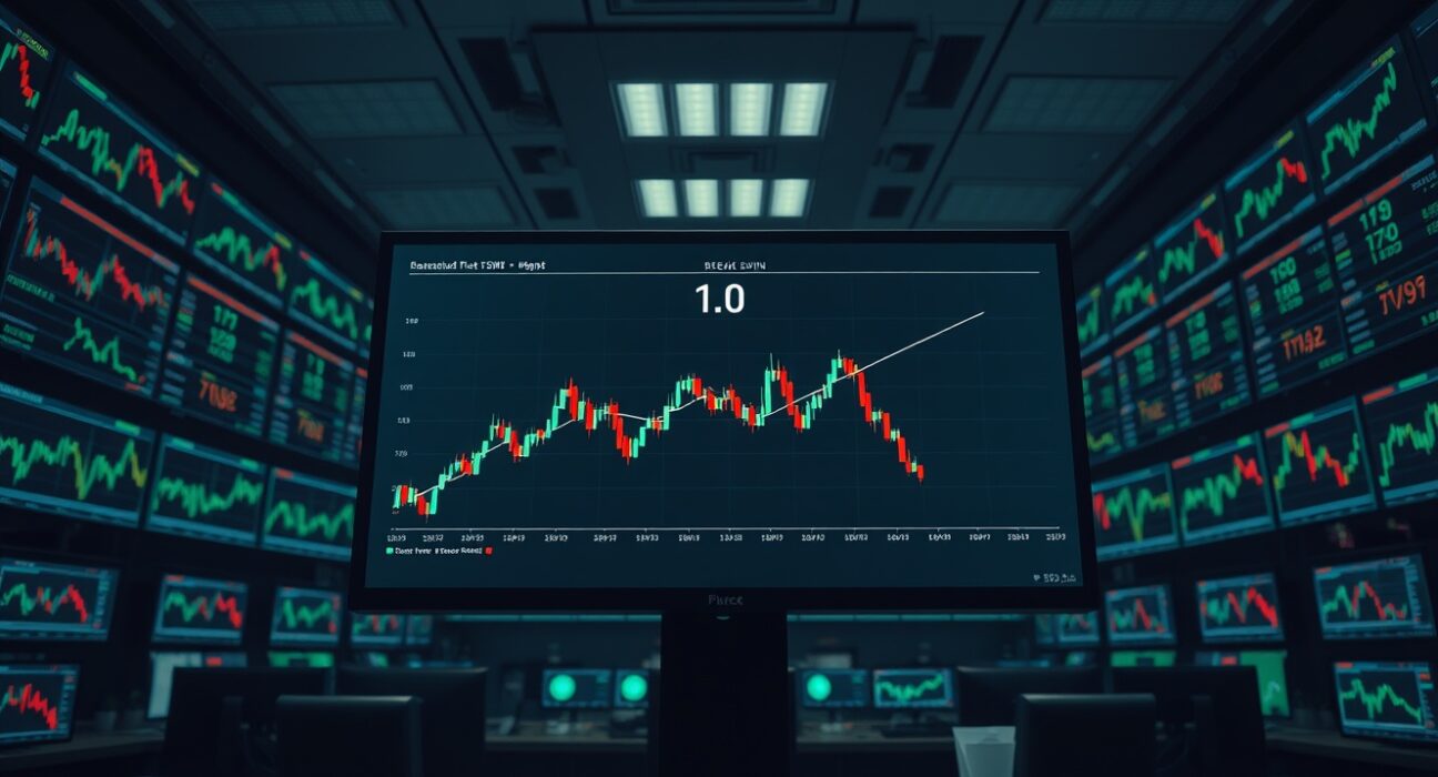 Trading floor monitors showing cryptocurrency charts with a line graph at the break-even point for altcoin investors.