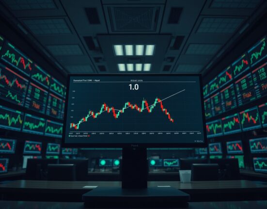 Trading floor monitors showing cryptocurrency charts with a line graph at the break-even point for altcoin investors.
