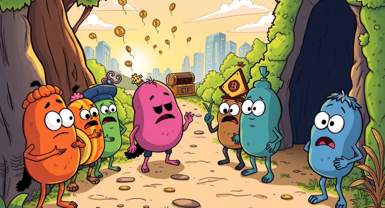 Cartoon illustration showing altcoins at a crossroads for survival, highlighting the critical need for new altcoin liquidity.