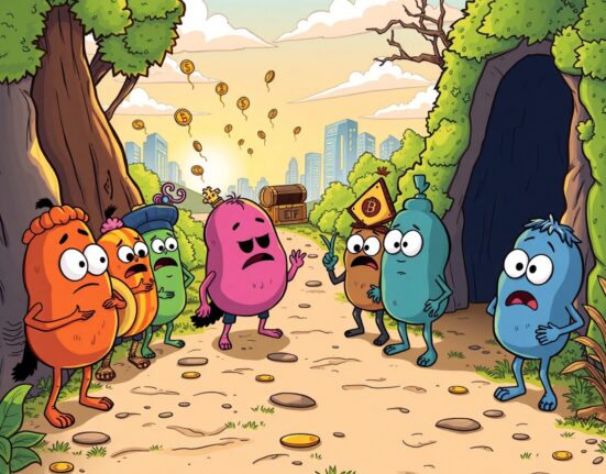 Cartoon illustration showing altcoins at a crossroads for survival, highlighting the critical need for new altcoin liquidity.