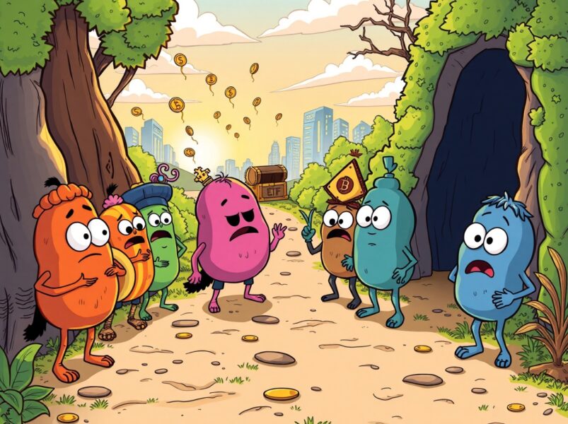 Cartoon illustration showing altcoins at a crossroads for survival, highlighting the critical need for new altcoin liquidity.