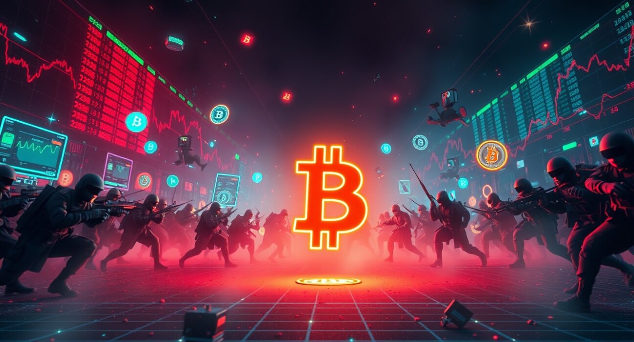 Altcoin market battlefield with glowing crypto symbols and price charts in a tense digital war zone