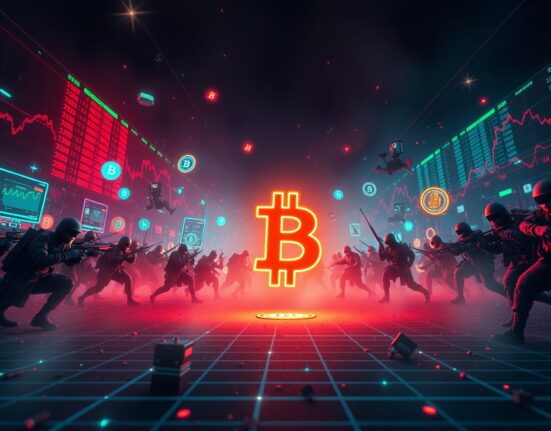 Altcoin market battlefield with glowing crypto symbols and price charts in a tense digital war zone