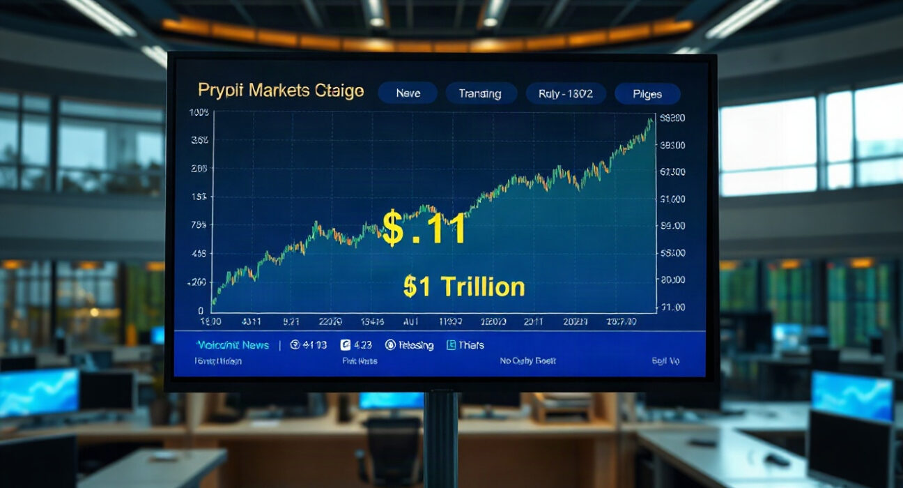 Altcoin market cap surpasses $1 trillion, with a rising chart on a financial newsroom screen.