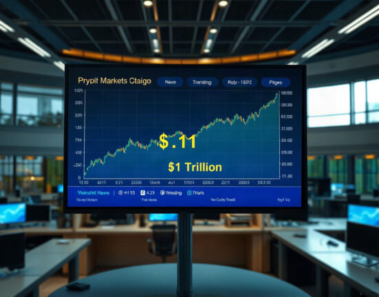 Altcoin market cap surpasses $1 trillion, with a rising chart on a financial newsroom screen.