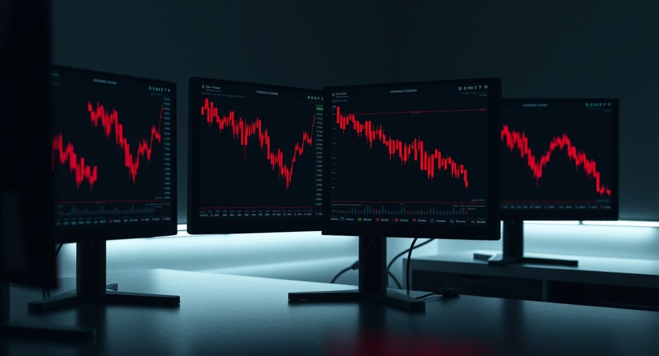 Trading desk monitors showing red downward altcoin price charts indicating market decline
