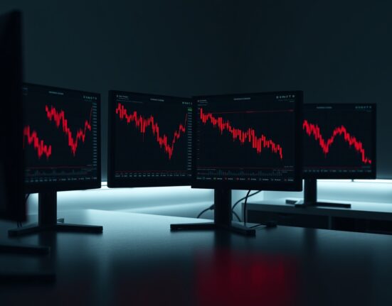 Trading desk monitors showing red downward altcoin price charts indicating market decline