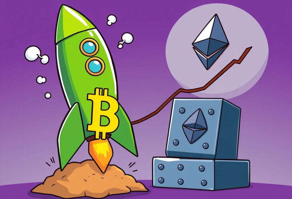 A cartoon shows a struggling altcoin rocket next to a stable Bitcoin block, illustrating the current lack of altcoin momentum despite altseason.