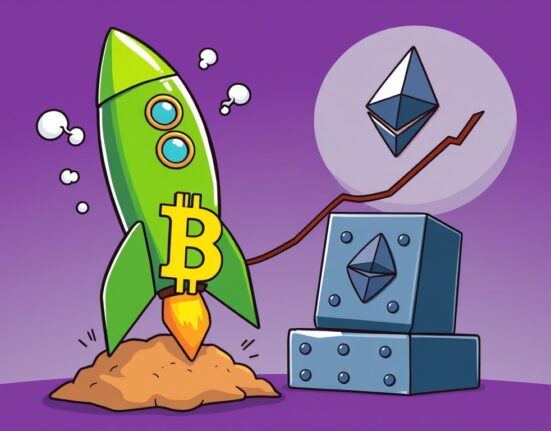 A cartoon shows a struggling altcoin rocket next to a stable Bitcoin block, illustrating the current lack of altcoin momentum despite altseason.
