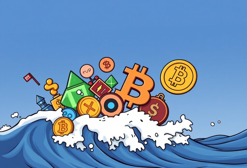 A cartoon illustration showing strong altcoin momentum as smaller cryptocurrencies rise while Bitcoin's dominance lessens.