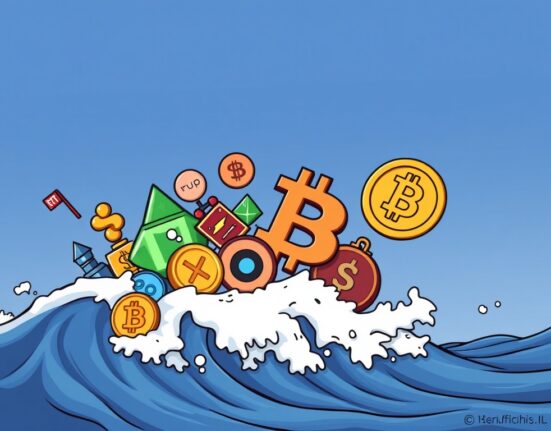 A cartoon illustration showing strong altcoin momentum as smaller cryptocurrencies rise while Bitcoin's dominance lessens.