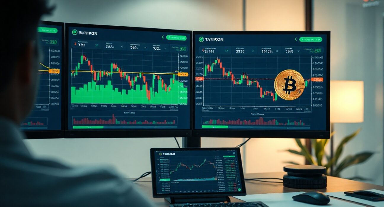 Trading screens showing declining altcoin charts and rising Bitcoin chart in a professional office