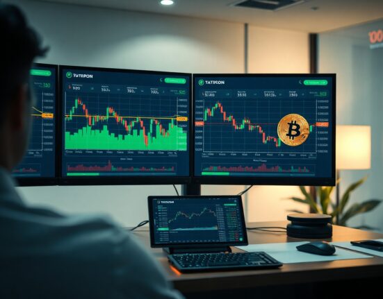 Trading screens showing declining altcoin charts and rising Bitcoin chart in a professional office