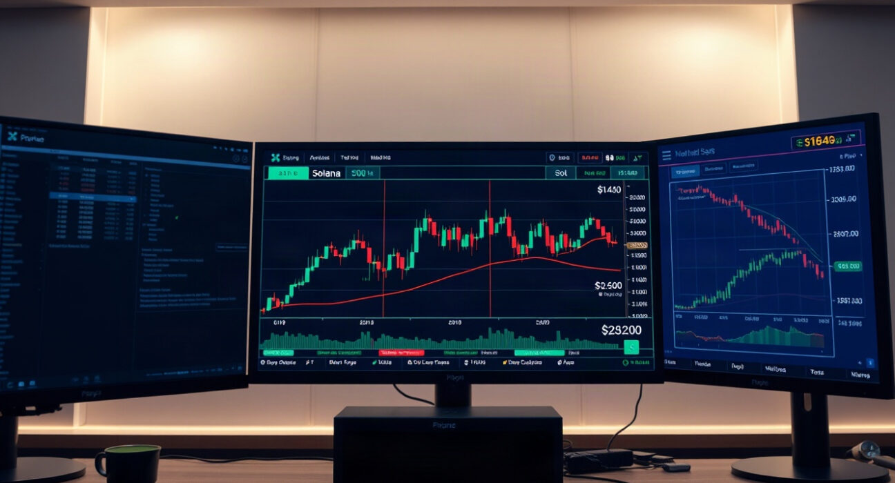 Cryptocurrency price charts on a trading screen showing XRP, SOL, and DOGE levels