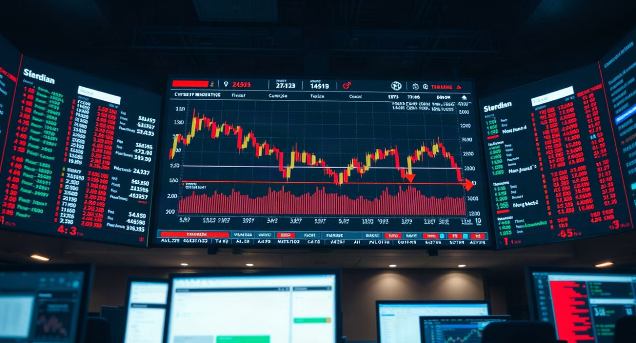 Cryptocurrency price charts on a trading floor screen showing market declines