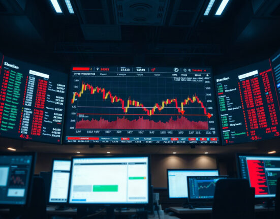 Cryptocurrency price charts on a trading floor screen showing market declines