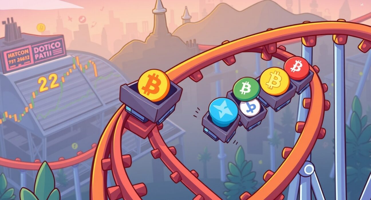 A cartoon illustration showing altcoin carts on a rollercoaster, signaling the final phase of the current Altcoin Pump.