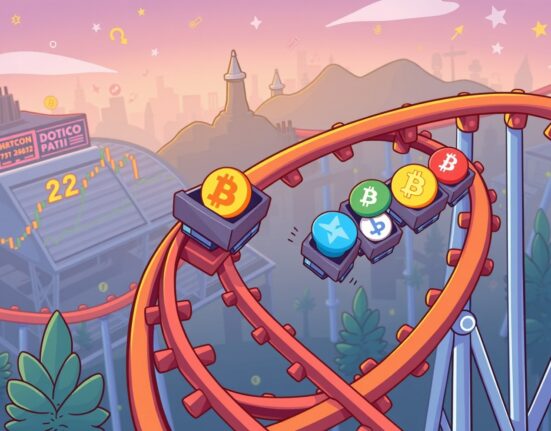 A cartoon illustration showing altcoin carts on a rollercoaster, signaling the final phase of the current Altcoin Pump.