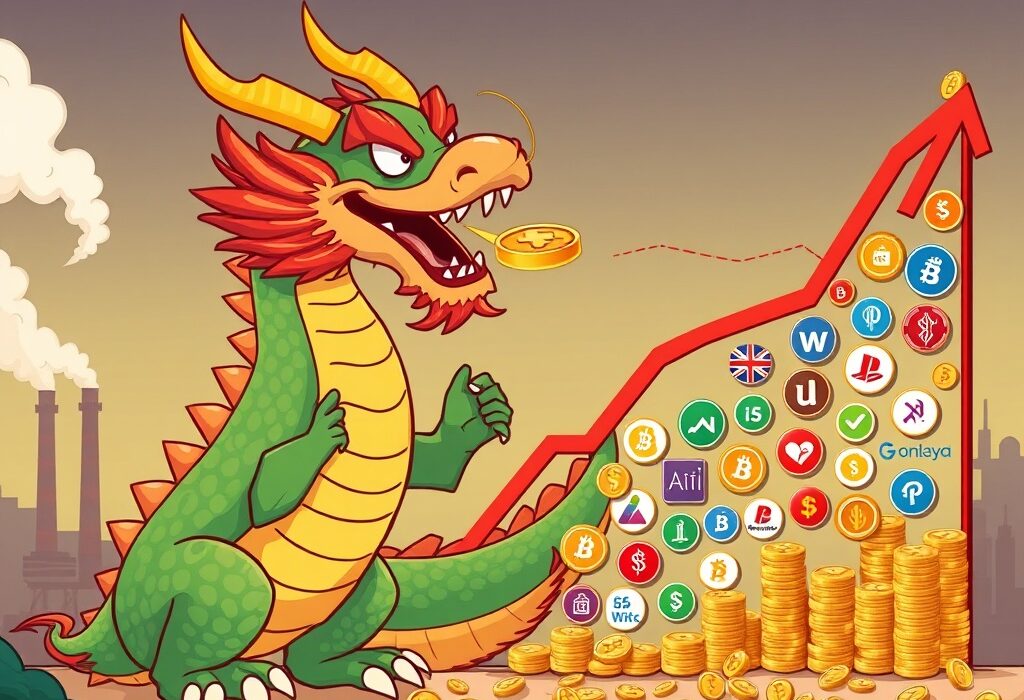 Cartoon illustration showing a Chinese dragon influencing an altcoin rally, symbolizing the potential impact of China economic stimulus on crypto.
