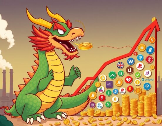 Cartoon illustration showing a Chinese dragon influencing an altcoin rally, symbolizing the potential impact of China economic stimulus on crypto.