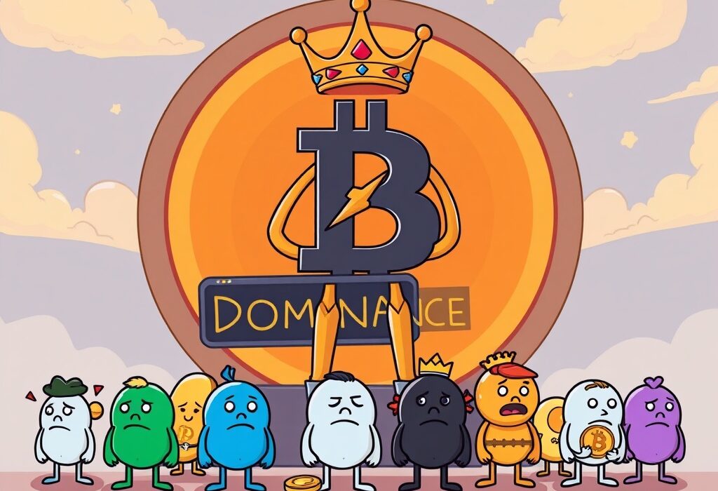 A cartoon illustration showing the Altcoin Season index indicating Bitcoin's current dominance in the crypto market, with Bitcoin overshadowing altcoins.