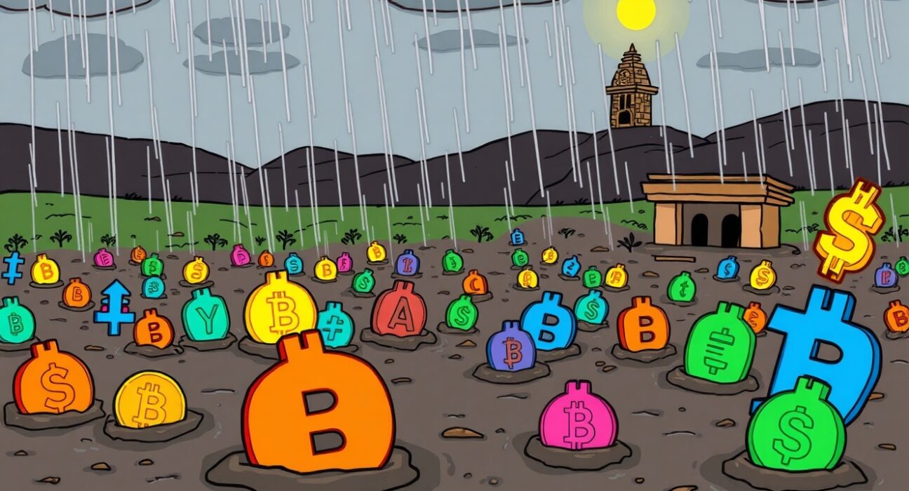 A cartoon illustrating a challenging market, with many struggling altcoins and a few strong projects thriving, reflecting the unlikely altcoin season.