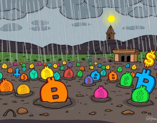 A cartoon illustrating a challenging market, with many struggling altcoins and a few strong projects thriving, reflecting the unlikely altcoin season.