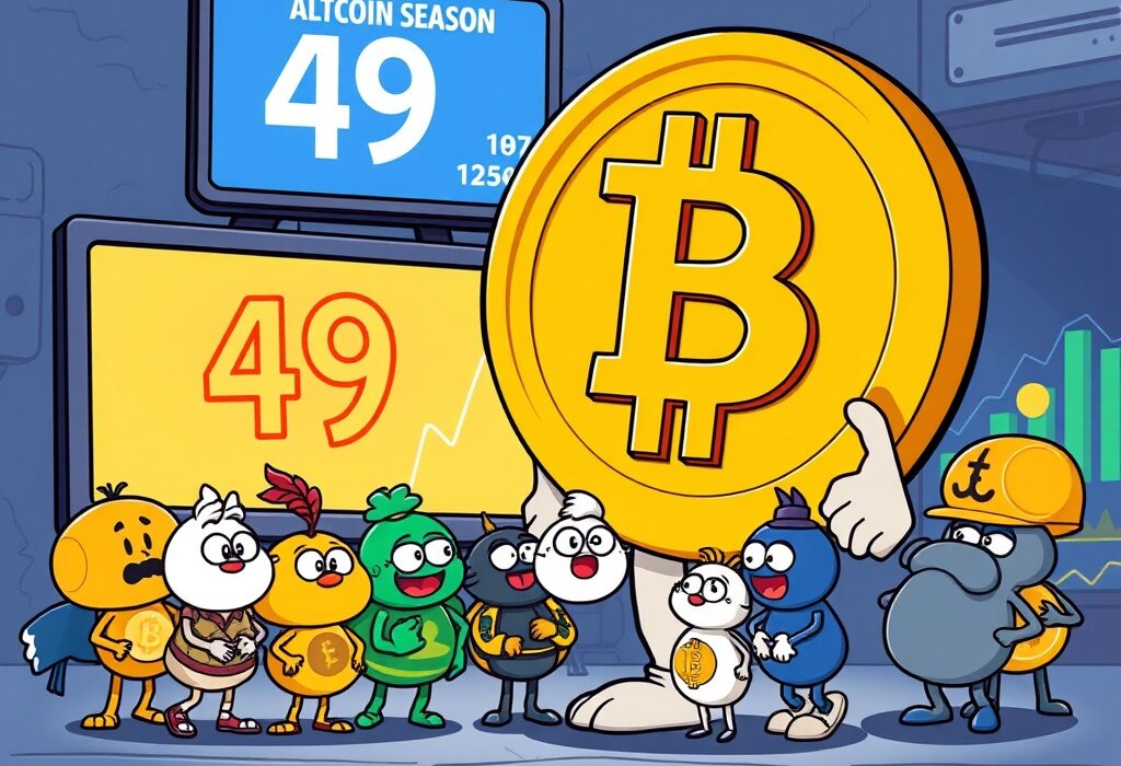 A cartoon illustration showing Bitcoin's dominance over altcoins, reflecting the current Altcoin Season Index.